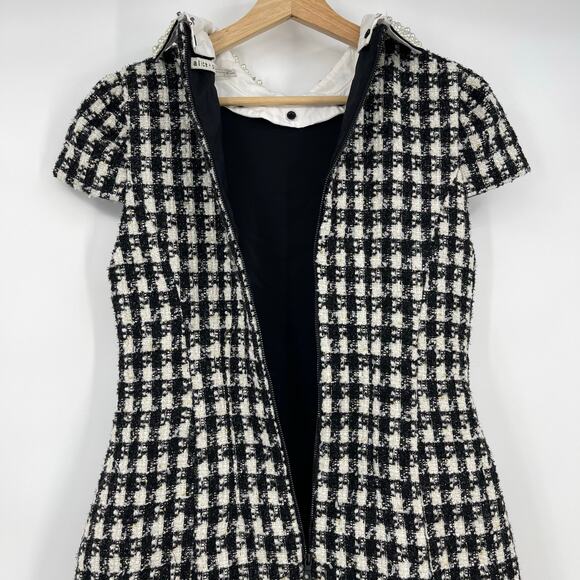 Alice + Olivia | Velia Tweed Mini Dress Black & Off White Crystal Pearl Collar 4 - Picture 10 of 16